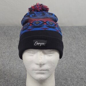 Empyre Beanie Hat Mens Cap Black Blue Geometric Fair Isle Pom Pom Winter Skater